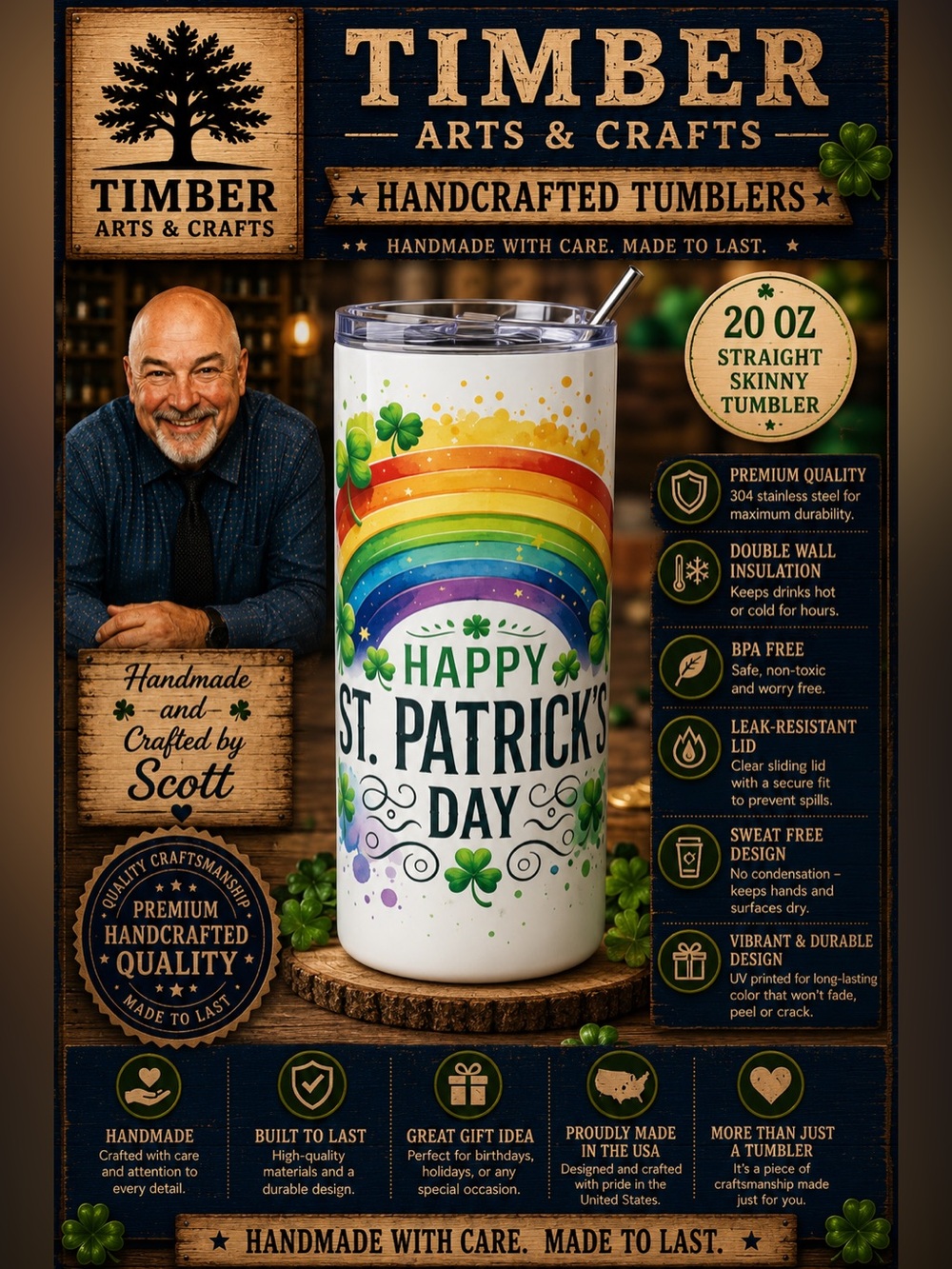 St Patrick’s Day Rainbow 20 oz Straight Skinny
Tumbler with Plastic Lid …